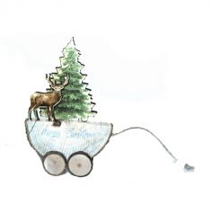 Décoration à poser Noël - Bois - Petit Chariot à tirer - Cerf et Sapin