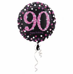 Ballon Holographique Joyeux Anniversaire Rose - 90 ans