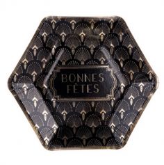 8 Assiettes Hexagonales - Bonnes Fêtes - Collection Paon - Noir Floqué Or