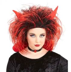 perruque rouge et noire de diable pour enfant avec cornes | jourdefete.com