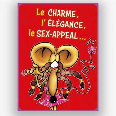 Carte d'anniversaire ze souris humoristique rouge avec écrit " le charme, l'élégance, le sex-appeal..."