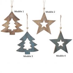 Décoration à Suspendre de Noël - 18 x 18 cm environ - Etoile ou Sapin - Bois ou Bleu - Modèle au Choix