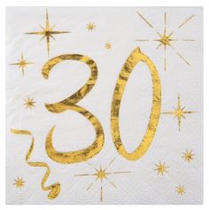 20 Serviettes en Papier Anniversaire - Blanc et Or - 30 ans | jourdefete.com