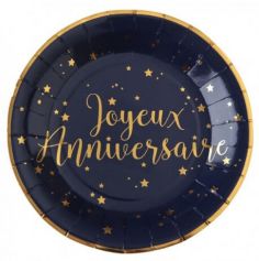 10 Assiettes "Joyeux Anniversaire" Bleu Marine Métallisé| jourdefete.com