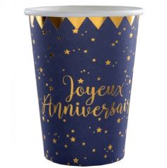 10 Gobelets en Carton "Joyeux Anniversaire" Bleu Marine Métallisé | jourdefete.com