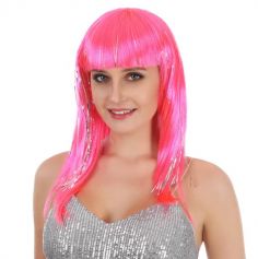 Perruque pour femme cheveux mi-longs dance néon couleur rose fluo