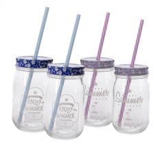 Set de 4 pots en verre avec couvercle et paille - Violet et bleu