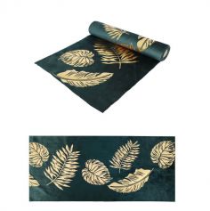 chemin-table-velours-vert-feuilles-dorees-decoration | jourdefete.com