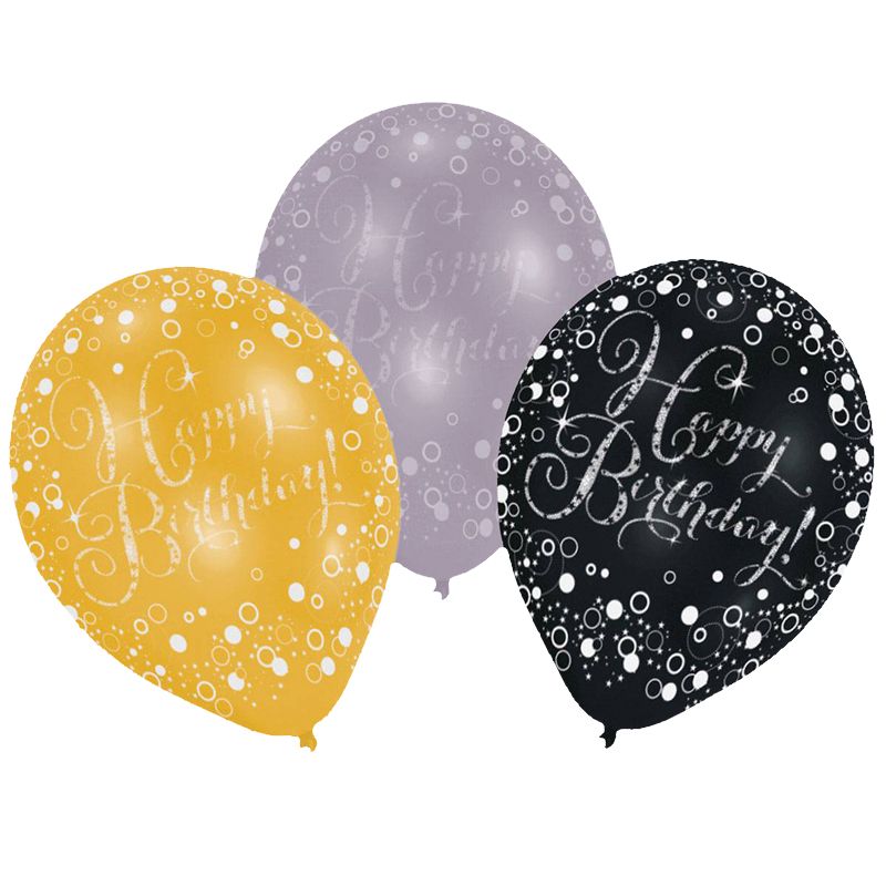 6 Ballons de Baudruche Happy Birthday - Argent / Noir / Doré - Jour de Fête  - Boutique Jour de fête