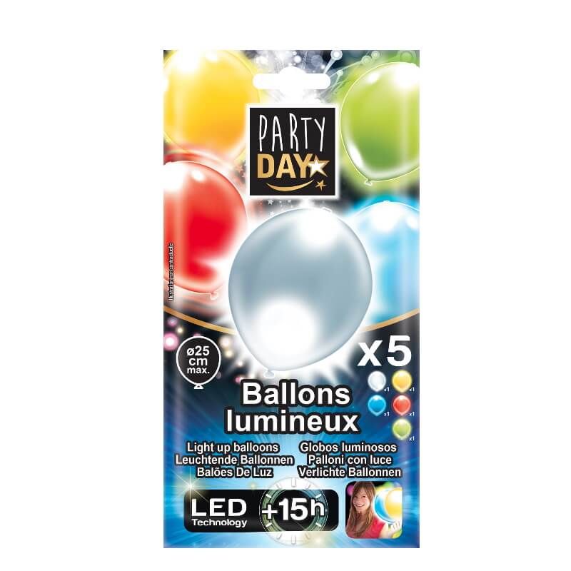 5 Ballons LED - 25 cm - 5 Couleurs - Jour de Fête - Ballons