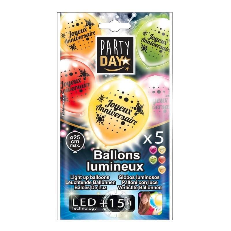 5 Ballons LED Joyeux Anniversaire - 25 cm - Jour de Fête - Joyeux