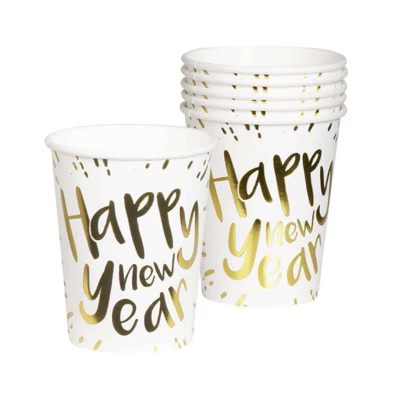 6 Gobelets en carton Happy New Year - Blanc et Or - Jour de Fête