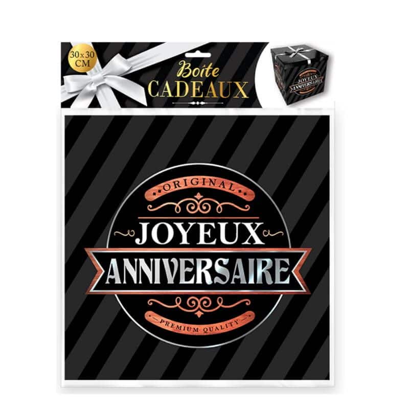 Boîte Cadeau Joyeux Anniversaire Noire - 30 x 30 cm - Jour de Fête -  Papeterie et Accessoires - Cadeaux