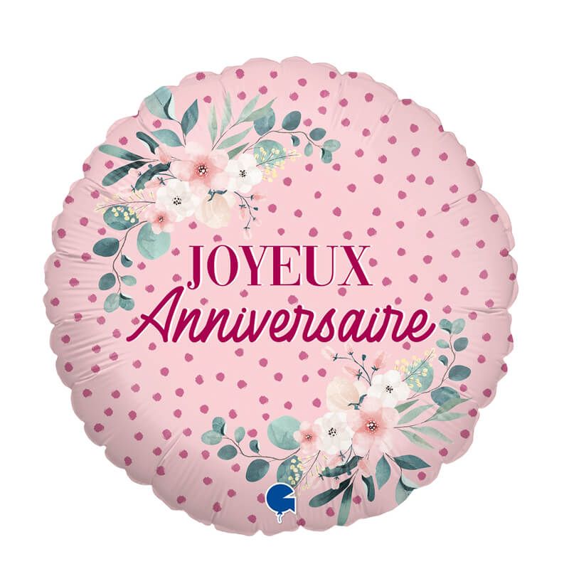 Ballon en Aluminium - Joyeux Anniversaire - Rose Fleurs - 35 x 35