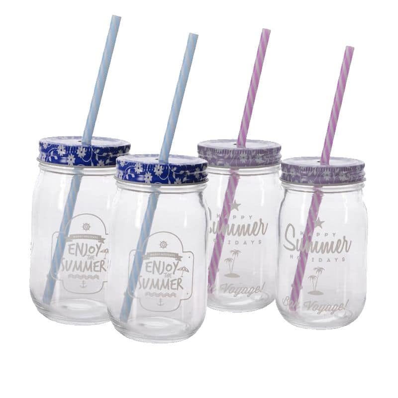 Set de 4 pots en verre avec couvercle et paille - Violet et bleu