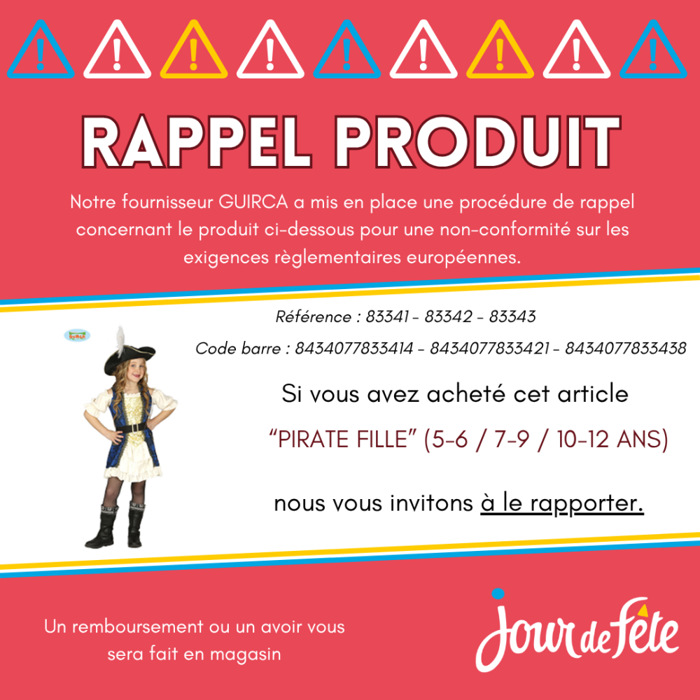 Rappel produit sur le déguisement de pirate fille