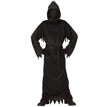 Enfant portant un déguisement de faucheur noir avec une longue robe à bords déchirés et une capuche masquant totalement le visage | jourdefete.com Enfant portant un déguisement de faucheur noir avec une longue robe à bords déchirés et une capuche masquant totalement le visage | jourdefete.com