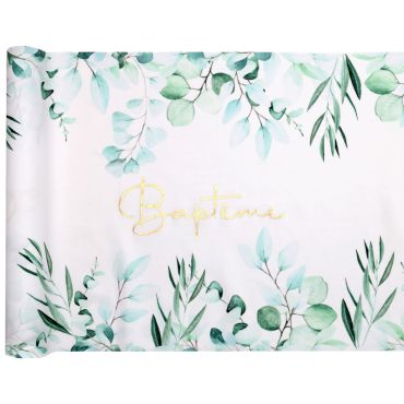 Chemin de table Baptême végétal avec feuillage et inscription dorée | jourdefete.com