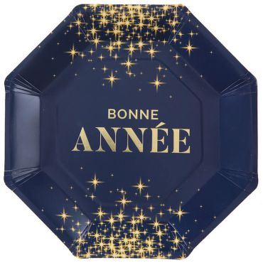 Assiettes bleu "Bonne Année" avec motifs étoilés dorées | jourdefete.com
