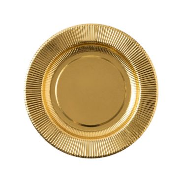 Assiettes en carton dorée brillante avec rebord strié pour décoration de fête de 20 centimètres | jourdefete.com