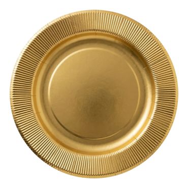 Grandes assiettes jetables en carton couleur or métallisé avec rebord strié pour décoration de table de fête | jourdefete.com