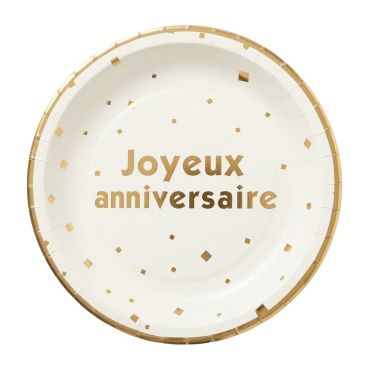 Assiettes en carton blanches avec détails dorés Joyeux Anniversaire | jourdefete.com