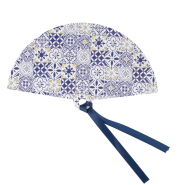 Éventails Dolce Vita bleu roi, blanc & or avec ruban | jourdefete.com