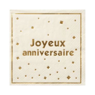 Serviettes en papier blanches avec inscription Joyeux anniversaire et confettis carrés en or métallisé | jourdefete.com