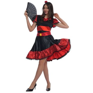 Déguisement Flamenco Espagnol femme noir et rouge avec éventail | jourdefete.com Déguisement Flamenco Espagnol femme noir et rouge avec éventail | jourdefete.com