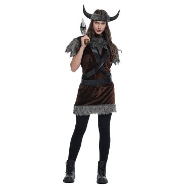 Costume Viking femme avec casque à cornes et robe médiévale marron | jourdefete.com