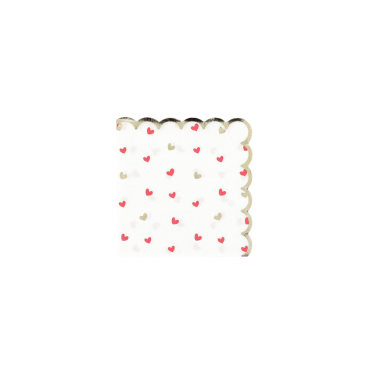 Serviettes cocktail blanches à petits cœurs rouges et or | jourdefete.com