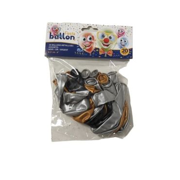 20 Ballons Métallisés - 21 cm - Noir, Or et Argent | jourdefete.com