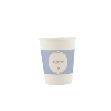 Gobelets en carton blanc et bleu orage "Baptême" doré | jourdefete.com