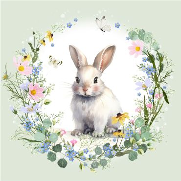 Serviettes de Pâques avec lapin et couronne de fleurs dans un style aquarelle | jourdefete.com