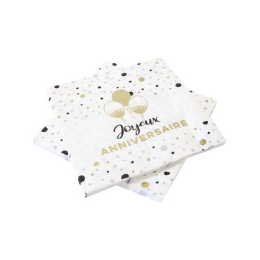 Serviettes en papier "Joyeux Anniversaire" blanches et dorées avec ballons | jourdefete.com