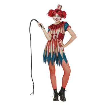 Femme portant un déguisement de clown vintage effrayant et tenant un fouet noir pour Halloween | jourdefete.com Femme portant un déguisement de clown vintage effrayant et tenant un fouet noir pour Halloween | jourdefete.com