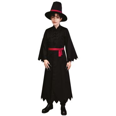 Enfant portant un costume de mage sombre noir avec ceinture rouge et chapeau pointu pour Halloween | jourdefete.com