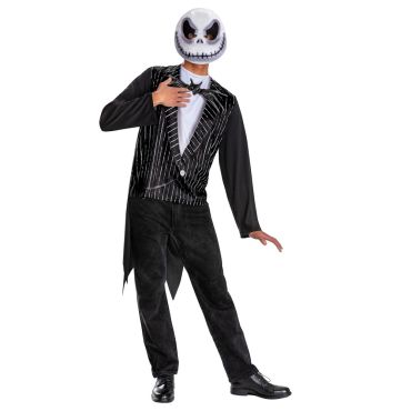 Homme portant un déguisement de Jack Skellington avec masque de squelette géant et veste noire rayée pour fêter Halloween | jourdefete.com Homme portant un déguisement de Jack Skellington avec masque de squelette géant et veste noire rayée pour fêter Halloween | jourdefete.com