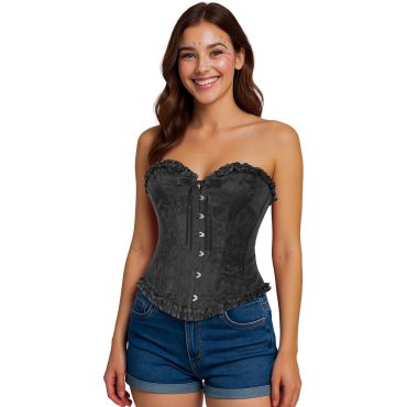 Jeune femme souriante portant un corset noir bustier à motifs floraux avec bordures en dentelle et fermoirs métalliques associé à un short en jean | jourdefete.com