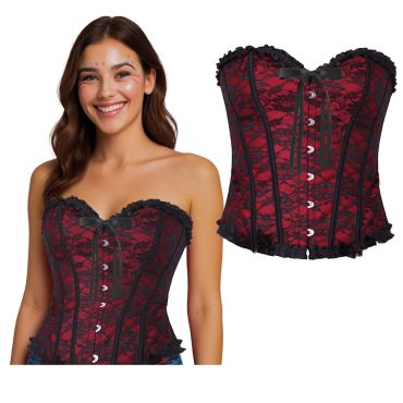 Jeune femme souriante portant un corset bordeaux bustier à motifs floraux avec bordures en dentelle et fermoirs métalliques | jourdefete.com Jeune femme souriante portant un corset bordeaux bustier à motifs floraux avec bordures en dentelle et fermoirs métalliques | jourdefete.com