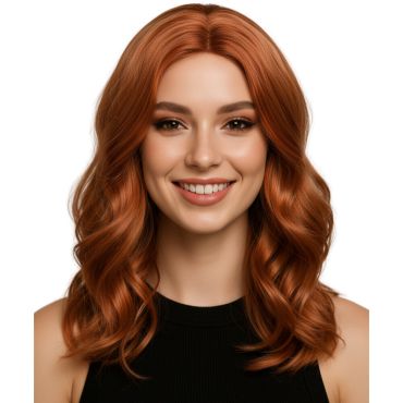 Portrait d'une femme mettant en valeur une perruque rousse cuivrée aux cheveux longs et ondulés pour un look festif | jourdefete.com Portrait d'une femme mettant en valeur une perruque rousse cuivrée aux cheveux longs et ondulés pour un look festif | jourdefete.com