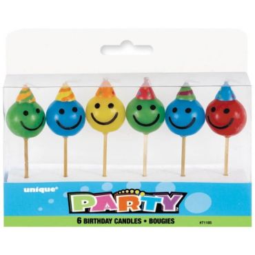  Blister de 6 bougies d'anniversaire - Smileys