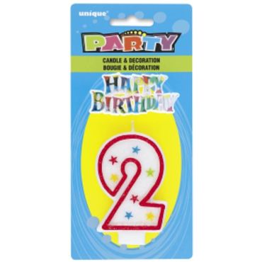 Bougie d'Anniversaire Chiffre 2 - Blanc et Rouge à étoiles avec décor