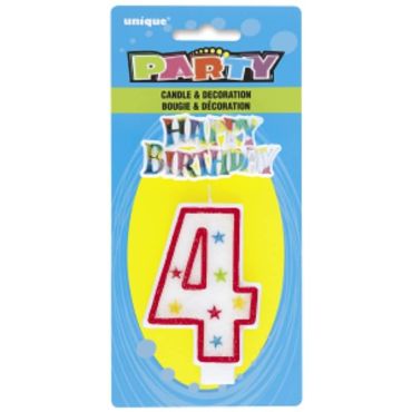 Bougie d'Anniversaire Chiffre 4 - Blanc et Rouge à étoiles avec décor