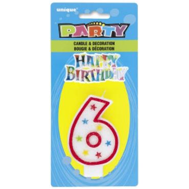 Bougie d'Anniversaire Chiffre 6 - Blanc et Rouge à étoiles avec décor