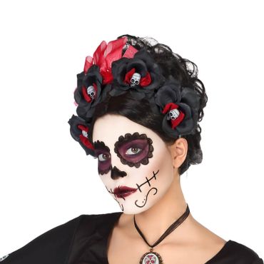  Serre-Tête Roses Noires et Crânes - Day Of The Dead