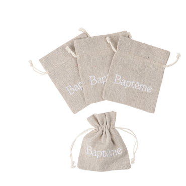 Pochons en lin brodés "Baptême" pour dragées et souvenirs | jourdefete.com