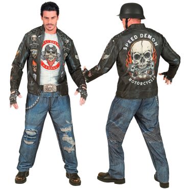 Costume motard homme Speed Demon avec veste biker skull et pantalon effet jean | jourdefete.com