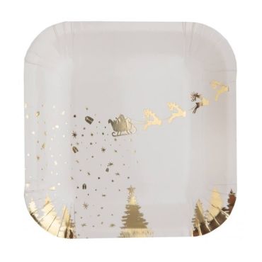 Sachet de 10 Petites Assiettes Carrées - Traîneau - Noël Or Métallisé