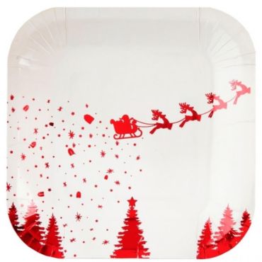 Sachet de 10 Petites Assiettes Carrées - Traîneau - Noël Rouge Métallisé